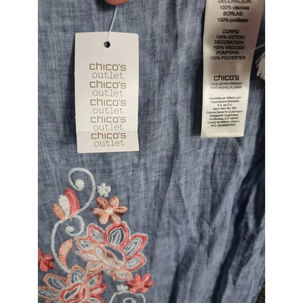 Chico's Scarf Womens One Size Blue Embroidered Beauty Oblong Cotton Tassels Boho